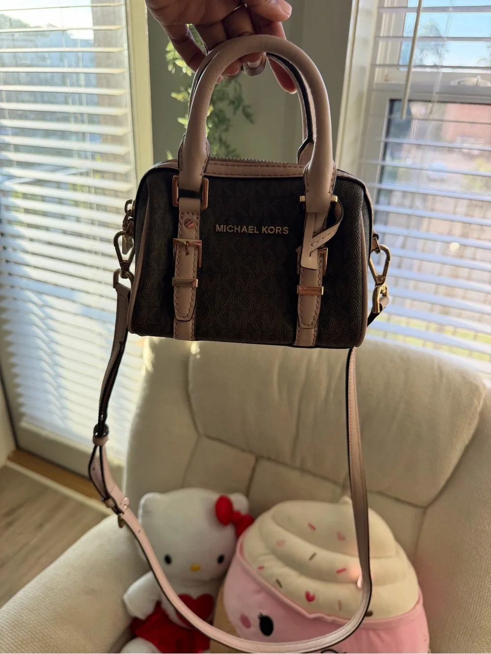 Michael Kors Brown Logo Mini Satchel with Pale Pink Trim